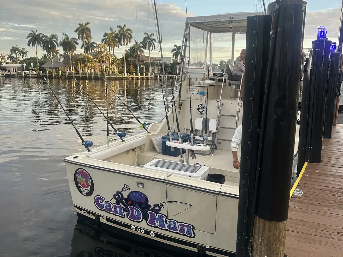 The Gradyful sportfishing boat at its Pompano Beach dock at dusk